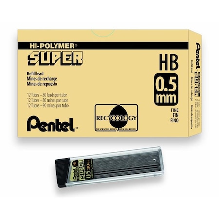 Pentel C25HB Super Hi-Polymer Lead Refills, 0.5Mm, Black, 30 Leads, Tube PE564805